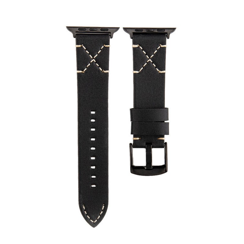 Catzon Unisex Leather Calfskin Watchband for iWatch Series 7 6 5 4 3 2 1 SE-Black