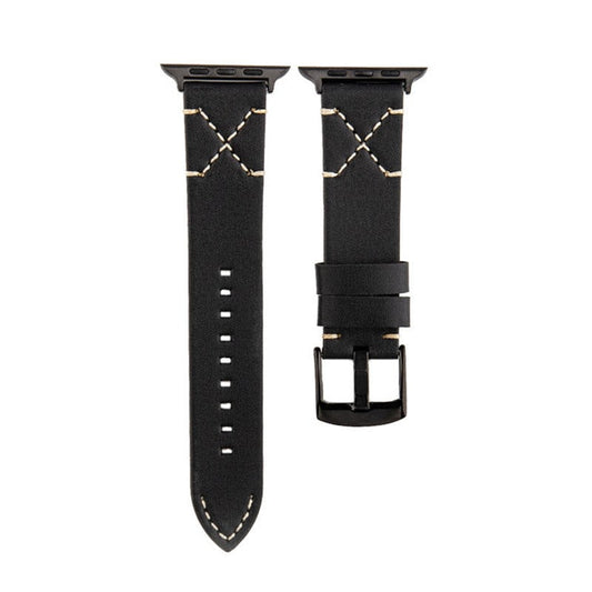 Catzon Unisex Leather Calfskin Watchband for iWatch Series 7 6 5 4 3 2 1 SE-Black